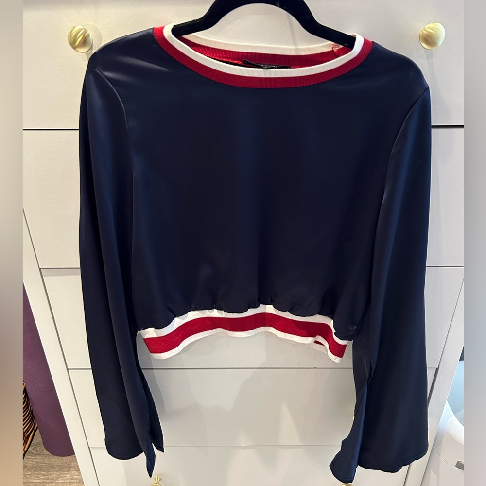 Etophe Studios, cropped navy top withbell sleeves, size large